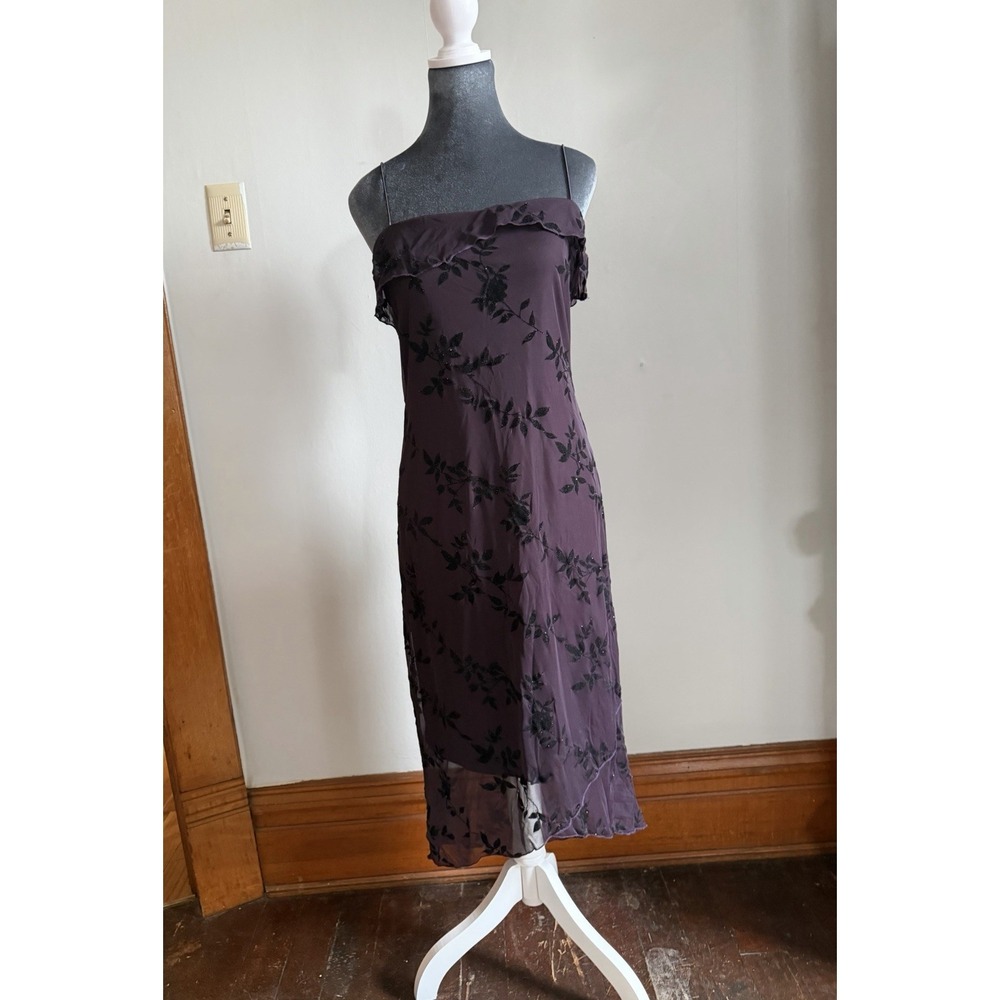 Y2K Vintage Purple Embroidered Beaded Mesh Layered Midi Long Dress Gown 4 Prom